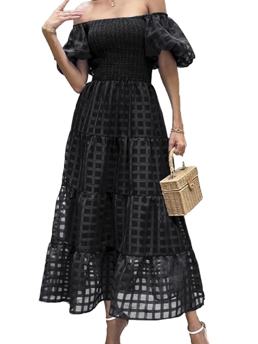 Smocked Off-Shoulder Black Midi Dress with Puff Sleeves